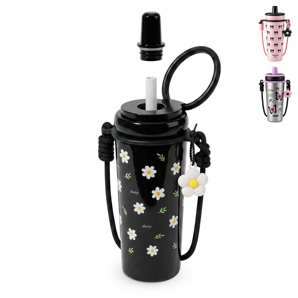 Travel Mug 720ml, Stainless Steel Vacuum Insulated Tumbler with Straw Lid, Carry Handle, Shoulder Strap, Removable Filter and Leak-Resistant BPA-Free Lid, F-1547 (Black) - image 1