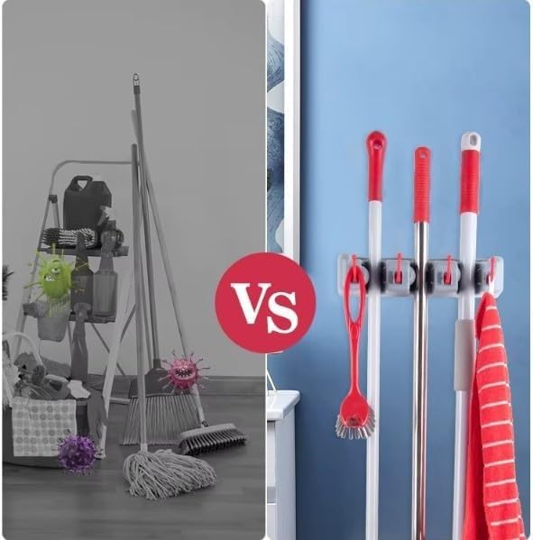 Mop & Broom Holder Wall Mounted Organizer With 4 Hooks and 3 Slots Plastic Cleaning Tools Rack Space Saving Storage For Kitchen Bathroom Household Tools - image 4