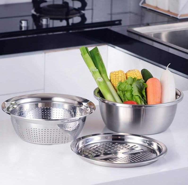 Stainless Steel Basin Grater 26 CM, Multifunctional 3 in 1, Vegetable Cutter with Drain Basket - Vegetable Fruits Washing Bowl Strainer Set - image 9