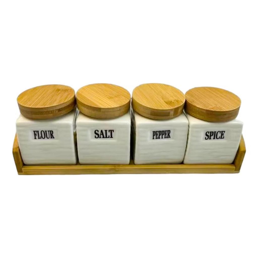 Ceramic Canister Set, 4-Piece Kitchen Storage Jars with Bamboo Lids and Base, White Containers for Sugar, Coffee, Tea, Spices and Dry Food - image 1
