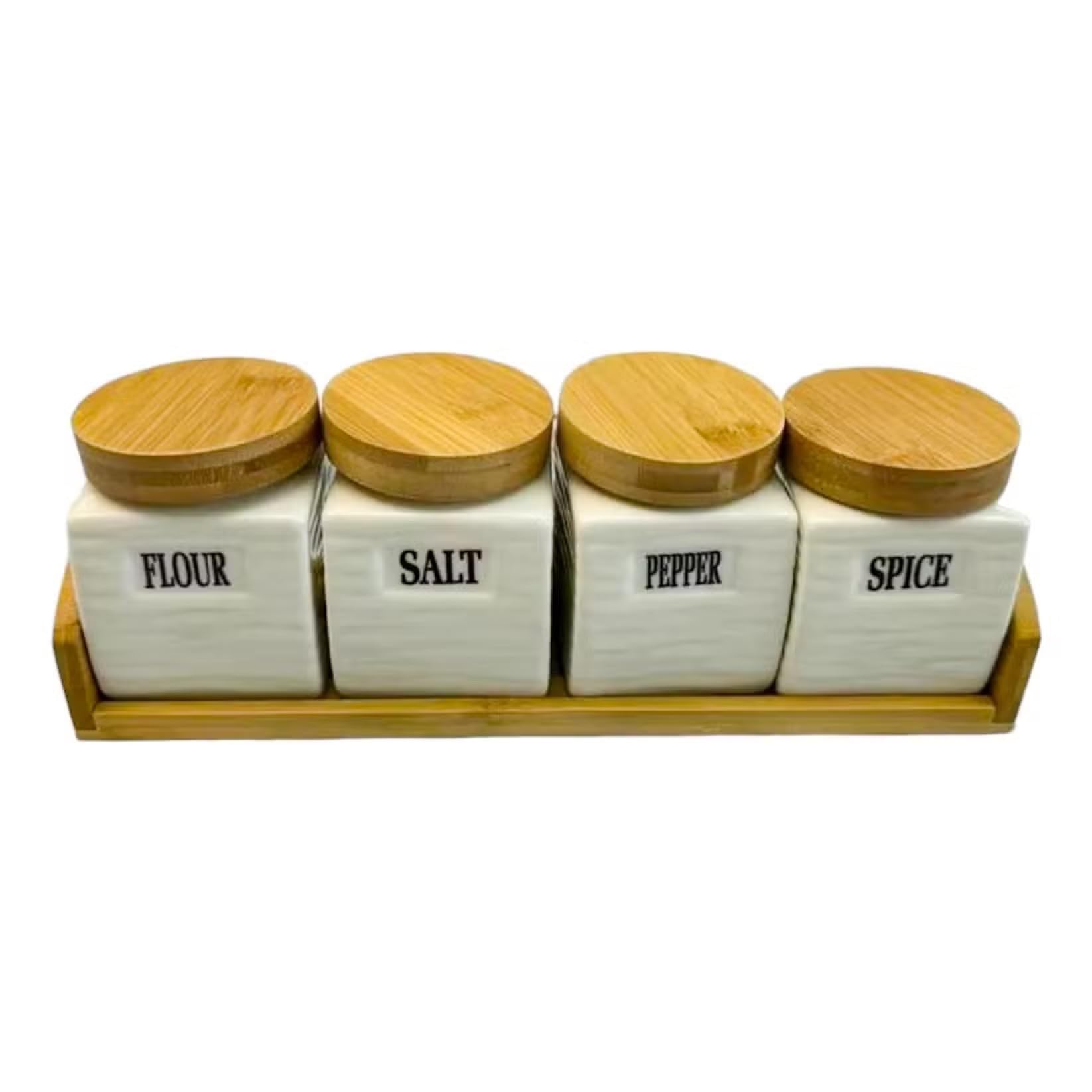 Ceramic Canister Set, 4-Piece Kitchen Storage Jars with Bamboo Lids and Base, White Containers for Sugar, Coffee, Tea, Spices and Dry Food - image 1