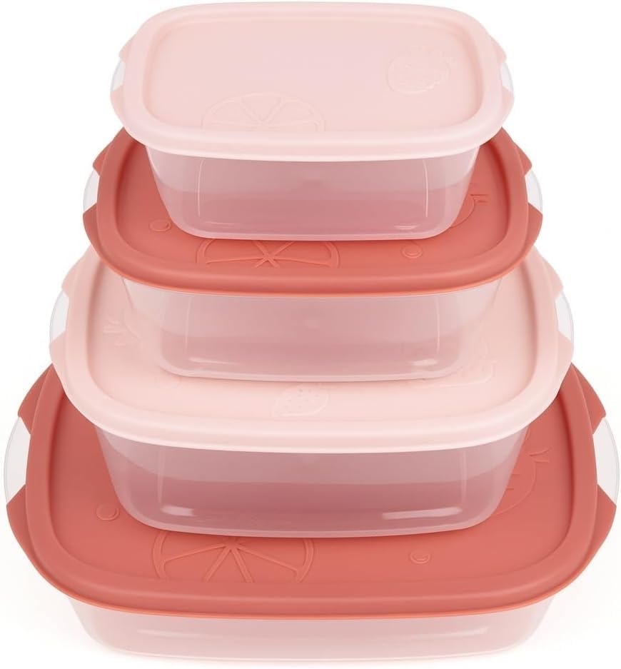 Food Storage Container Set, 4 Pcs Refrigerator Crisper Boxes with Airtight Lids, Leak Proof, Microwave Safe for 3 Minutes, Easy to Clean, Oval Food Grade for Vegetables and Fruit (Pink) - image 1