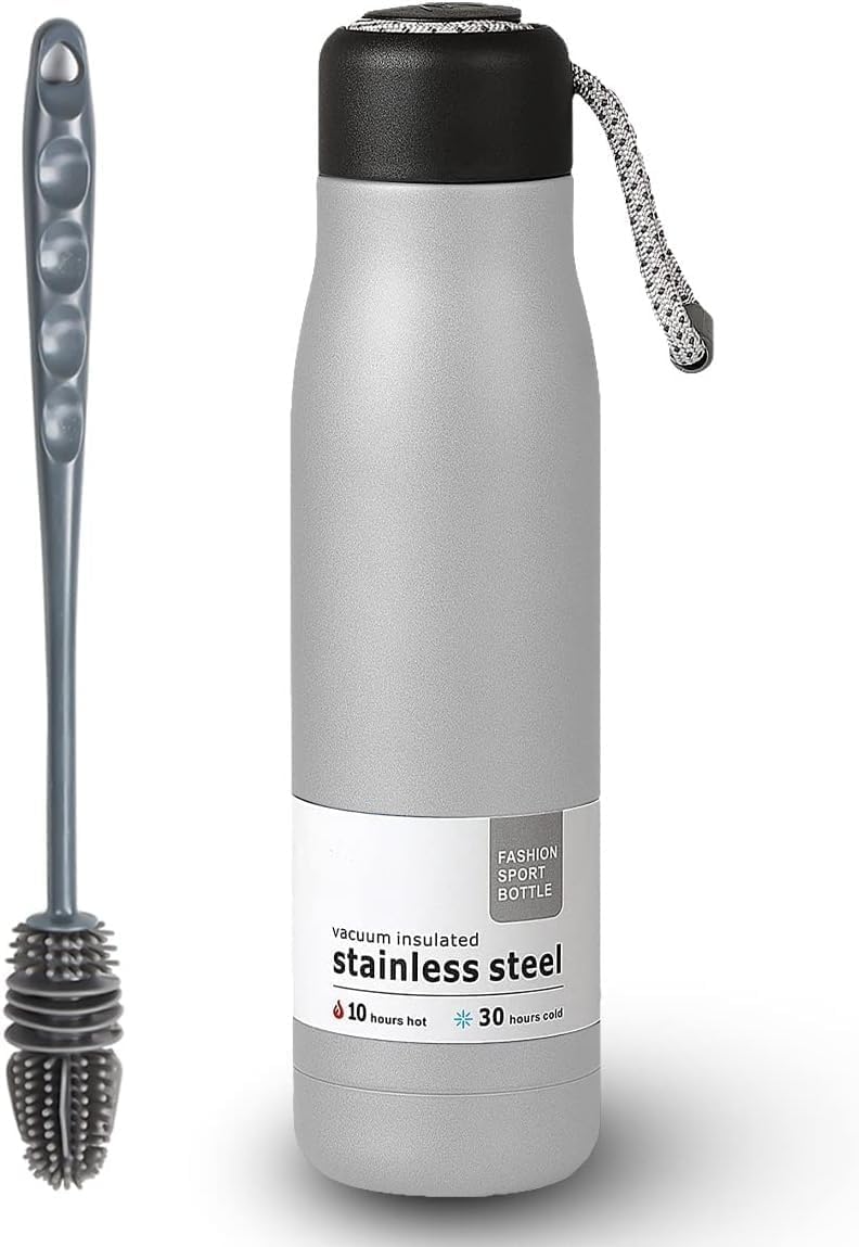 Water Bottle 500ml Stainless Steel Vacuum Insulated Flask, Double-Wall Leak-Proof BPA-Free Reusable for Hot Cold Drinks Sports Travel, Brushed Silver - image 1
