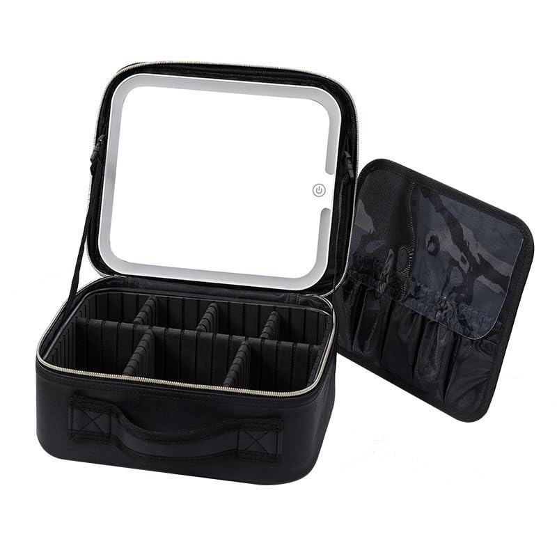 Makeup Bag with LED Mirror, Travel Cosmetic Case with 3 Light Modes, Adjustable Dividers and Water-Resistant Organizer Box for Women and Girls, X-494, Black - image 1