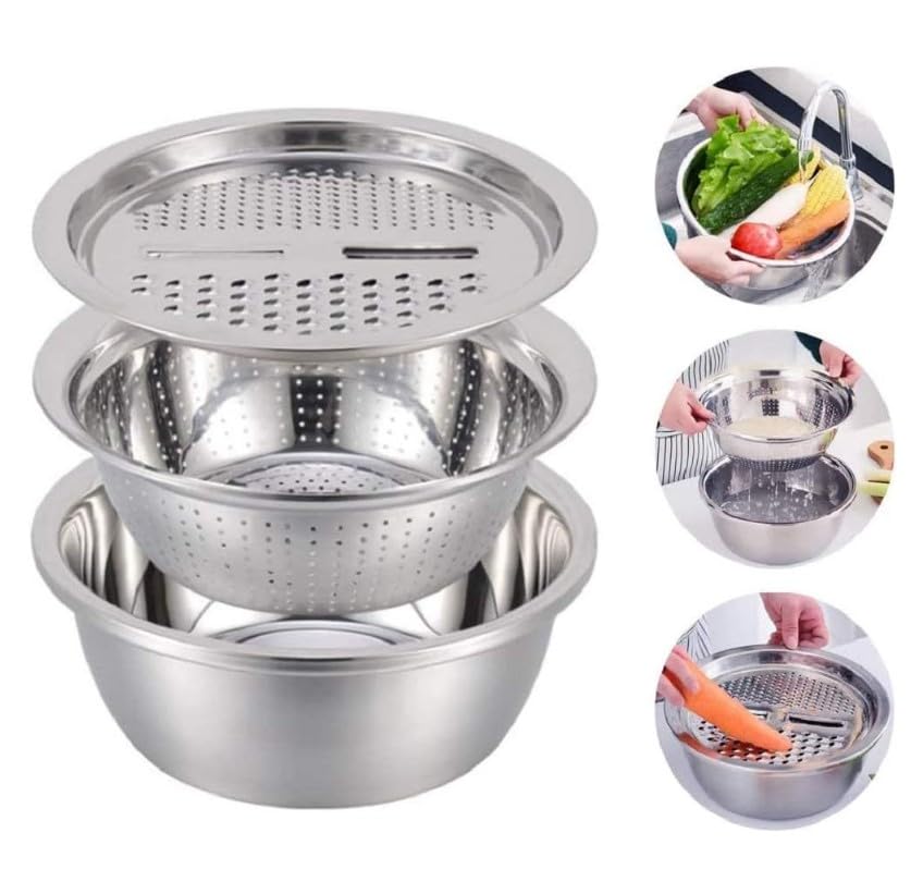 Stainless Steel Basin Grater 26 CM, Multifunctional 3 in 1, Vegetable Cutter with Drain Basket - Vegetable Fruits Washing Bowl Strainer Set - image 2