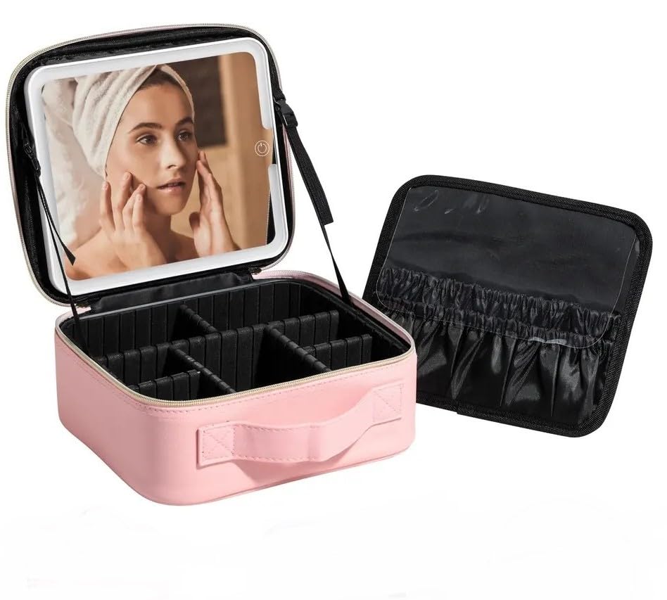 Makeup Bag with LED Mirror, Travel Cosmetic Case with 3 Light Modes, Adjustable Dividers, Brush Slots and Water-Resistant Organizer for Women and Girls, X-494 (Pink) - image 1