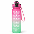Water Bottle 1L with Time Markings and Carry Handle, Leak-Resistant Reusable Sports Drinking Bottle for Gym, Fitness, Work, School, Travel and Outdoor Use, FL-1, Pink & Green - image 1