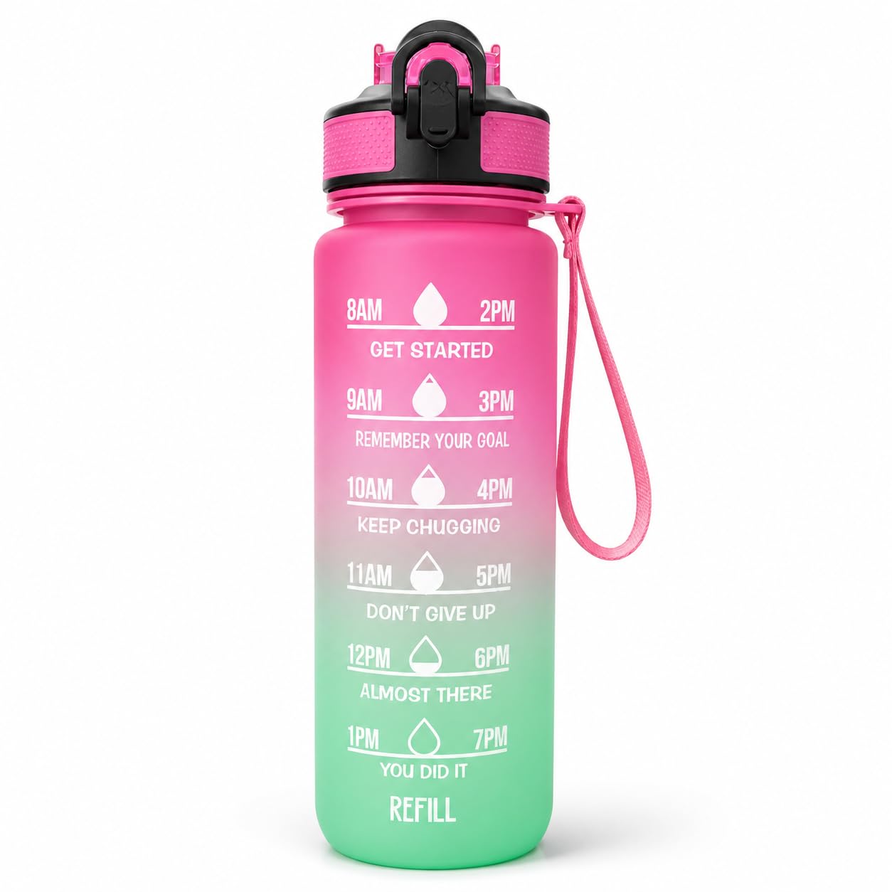 Water Bottle 1L with Time Markings and Carry Handle, Leak-Resistant Reusable Sports Drinking Bottle for Gym, Fitness, Work, School, Travel and Outdoor Use, FL-1, Pink & Green - image 1