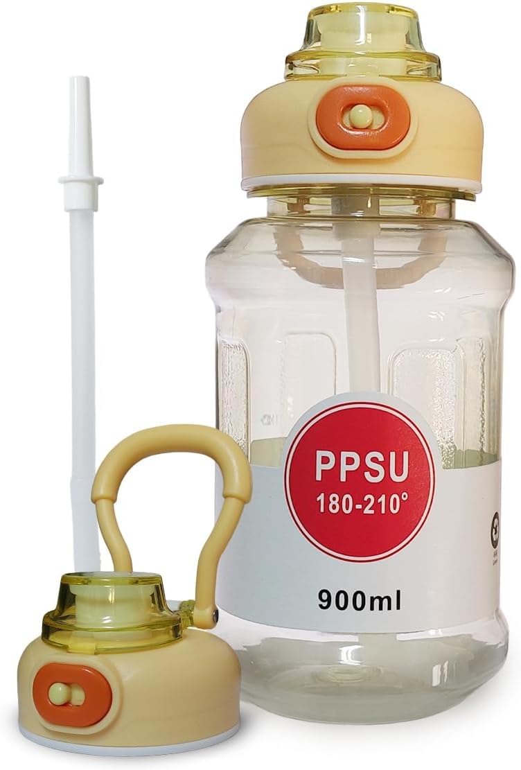 Water Bottle with Straw 900ml, Leak Proof Sports Bottle with Carry Handle, BPA Free Reusable Plastic Drinking Bottle for Gym, School, Travel and Outdoor Use (Yellow) - image 1