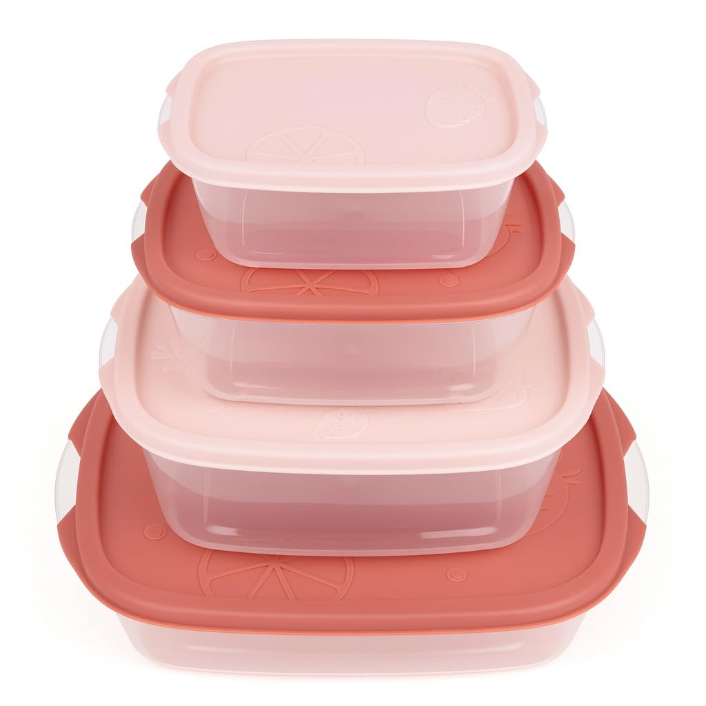 Food Storage Containers Set of 4, Airtight Oval Refrigerator Boxes, Microwave Safe up to 3 Minutes for Fruit, Vegetables, Meal Prep and Leftovers (Pink) - image 1