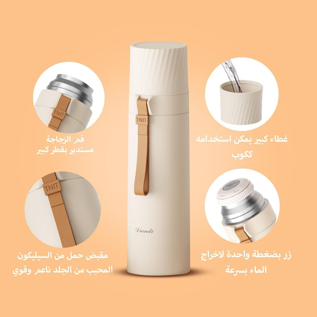 Water Bottle 500ml, Stainless Steel Vacuum Insulated Flask with Double Wall, Snap Cap, Drinking Cup and Carry Rope for Hot and Cold Drinks, Travel and Office (White) - image 3