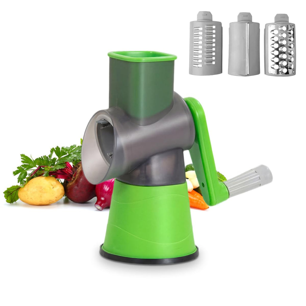 Vegetable Slicer and Rotary Cheese Grater, Manual Hand Crank Drum Cutter with Non-Slip Suction Base for Salad, Fruits and Vegetables, XE-132 (Green) - image 1