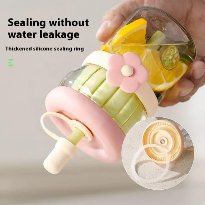 Glass Cup with Straw 500ml, Reusable Drinking Tumbler with Secure Lid, Built-In Strainer and Flower Design for Water, Juice and Milk, GG-2521 (Yellow) - image 2