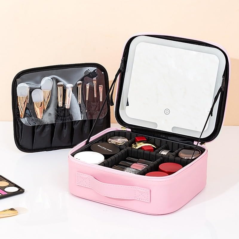Makeup Bag with LED Mirror, Travel Cosmetic Case with 3 Light Modes, Adjustable Dividers, Brush Slots and Water-Resistant Organizer for Women and Girls, X-494 (Pink) - image 7