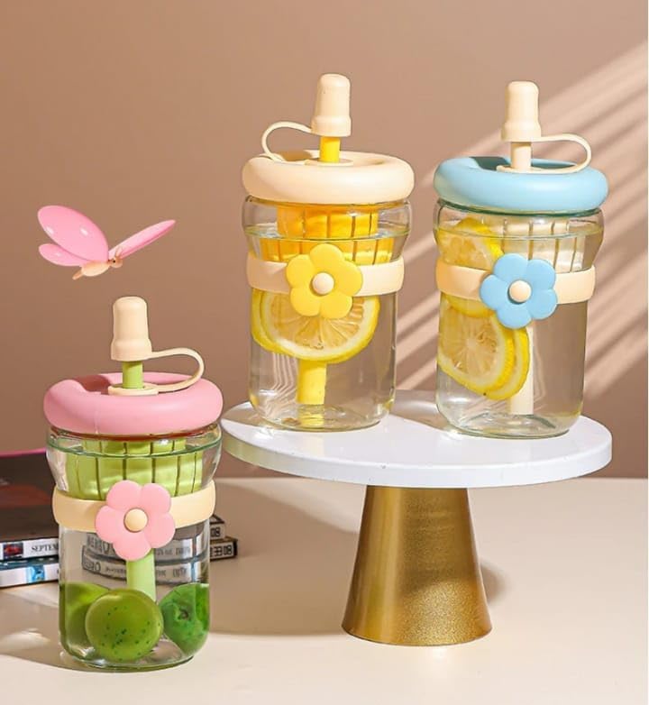 Glass Cup with Straw 500ml, Reusable Drinking Tumbler with Secure Lid, Built-In Strainer and Flower Design for Water, Juice and Milk, GG-2521 (Yellow) - image 6