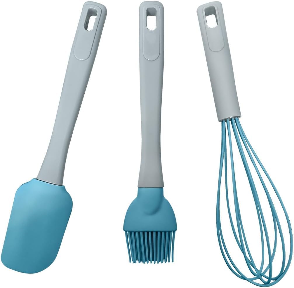Silicone Cooking Utensils Set 3 Pcs Spatula Whisk Brush Heat Resistant Non Stick Tools for Baking and Cooking with Plastic Handle Kitchen Accessories (Blue) - image 1