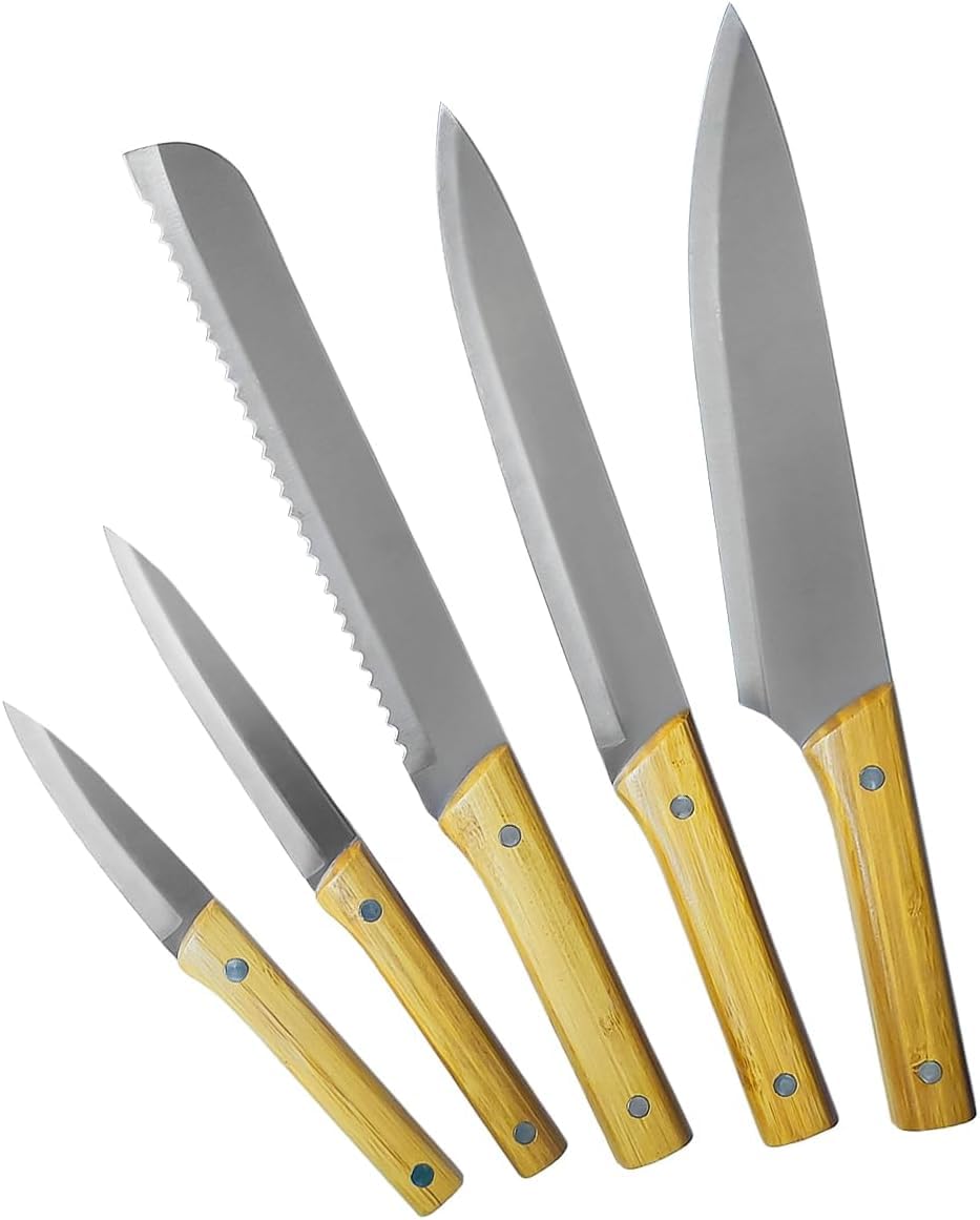 Kitchen Knife Set 5 Pieces Stainless Steel Chef Knives Wood Handles for Meat Vegetables Fruit Chopping Slicing Home Kitchen Prep - image 1