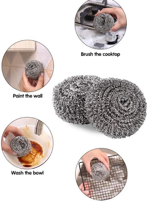 Stainless Steel Scrubber Set, 6-Piece Dishwashing Sponge Pads with Long Removable Handle, Wire Scouring Brush for Pots, Pans, Sinks and Kitchen Cleaning - image 4
