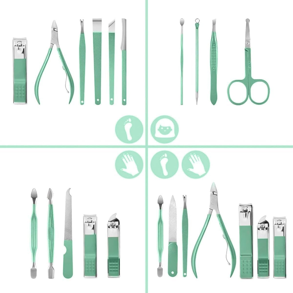 Manicure Set 16 Pcs, Stainless Steel Nail Clippers Pedicure Grooming Kit with Fingernail and Toenail Cutters, Cuticle, Eyebrow and Ear Care Tools, Portable Travel Case for Men and Women (Green) - image 2