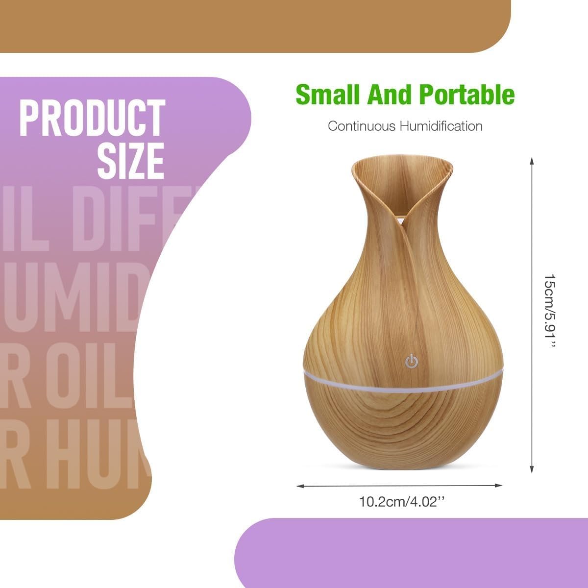Ultrasonic Aroma Humidifier - Portable USB Essential Oil Diffuser with LED Night Light, Super Quiet, 200ml Capacity for Home, Office, and Nursery - Stylish Mini Humidifier 3W (Light Brown) - image 3