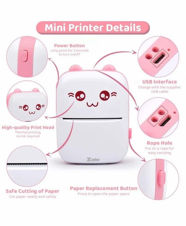 Mini Printer, Bluetooth Thermal Pocket Printer with Inkless Printing for Photos, Notes, Stickers and Labels, Portable Phone Printer for Android and iOS, Pink - image 2