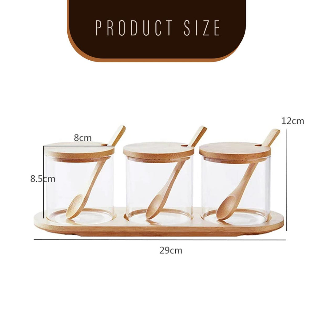 Spice Jar Set of 3, 320ml Glass Seasoning Containers with Bamboo Lids, Spoons and Storage Base for Salt, Sugar, Coffee, Tea and Kitchen Counter - image 3
