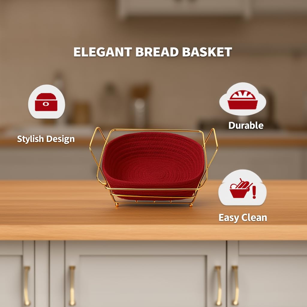 Bread Basket Metal Gold Wire Serving Basket with Removable Fabric Liner, Kitchen Countertop Organizer for Bread Fruit Vegetables Snacks (Red) - image 4
