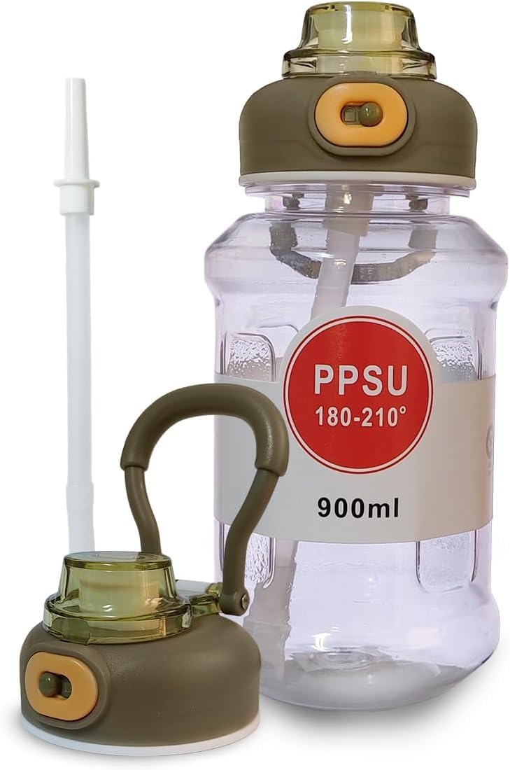 Water Bottle 900ml with Straw and Carry Handle, BPA-Free Reusable Sports Bottle with Leak-Resistant Lid for Gym, Fitness, School, Travel and Outdoor Use, (Green) - image 1