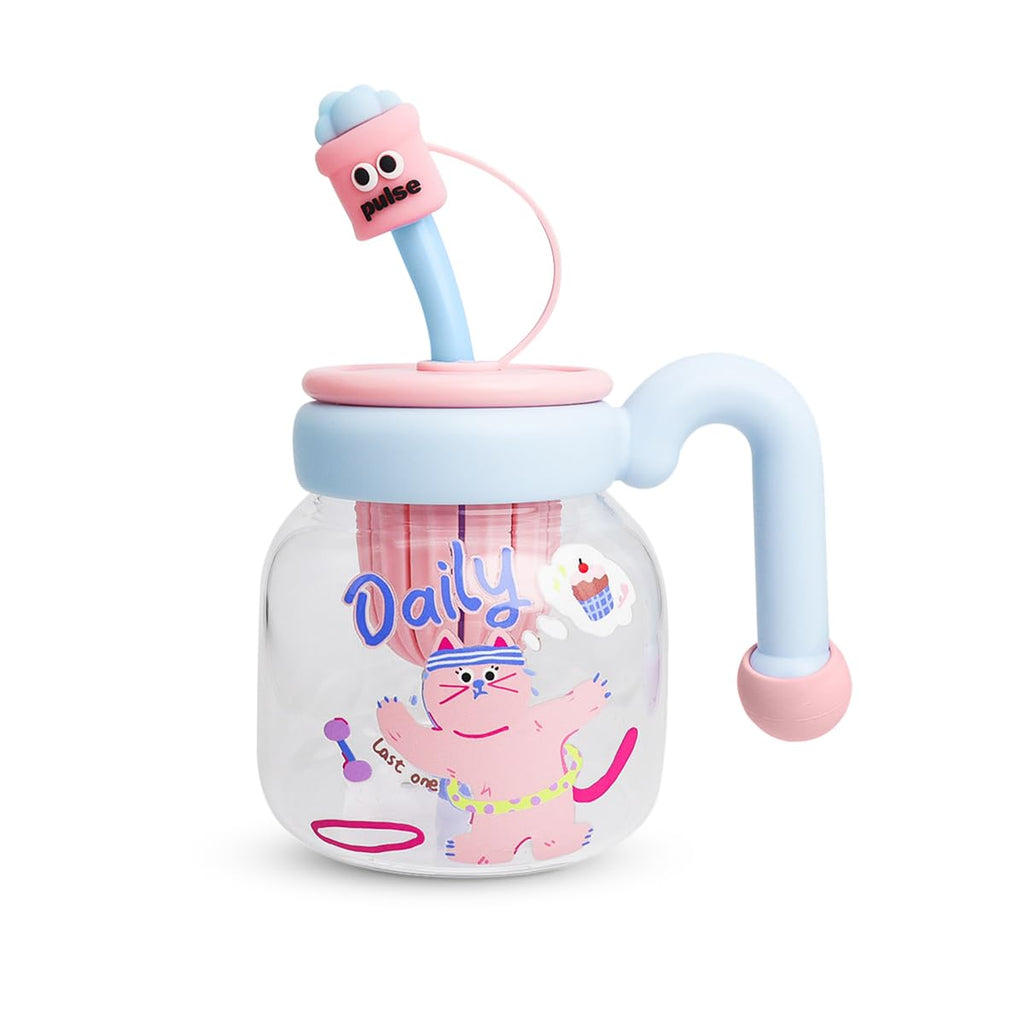 Water Bottle 860 ml, Glass Bottle with Straw and Handle, Leakproof Reusable Strainer Cup with BPA-Free Lid for Water, Juice, Milk and Iced Tea, GG-2533 (Light sky blue & pastel pink) - image 1