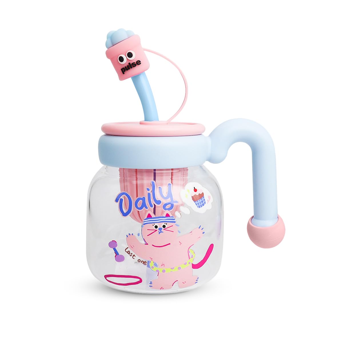 Water Bottle 860 ml, Glass Bottle with Straw and Handle, Leakproof Reusable Strainer Cup with BPA-Free Lid for Water, Juice, Milk and Iced Tea, GG-2533 (Light sky blue & pastel pink) - image 1