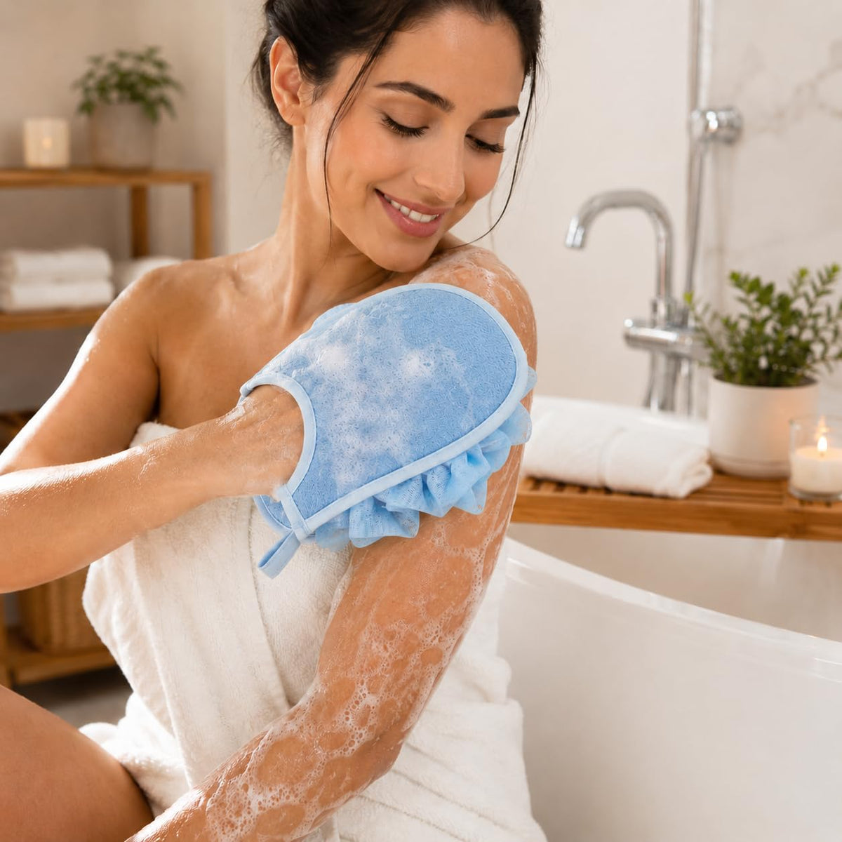 Exfoliating Shower Glove, Body Loofah Bath Mitt with Hanging Loop, Soft Scrub Wash Cloth, Quick Dry Sponge for Men and Women, B-618 (Blue) - image 8