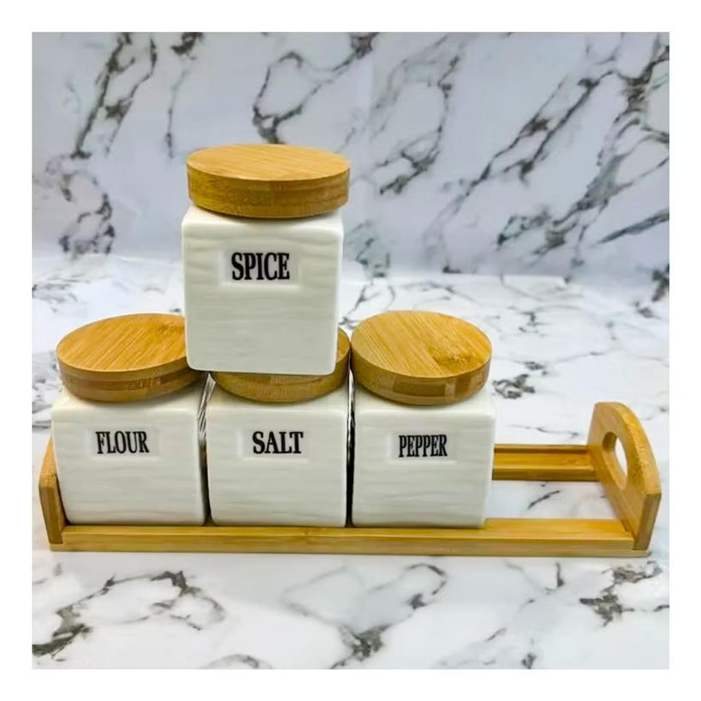 Kitchen Canister Set of 4, Ceramic Storage Jars with Airtight Bamboo Lids and Base, Countertop Containers for Sugar, Salt, Coffee, Tea, Spices and Flour - image 5