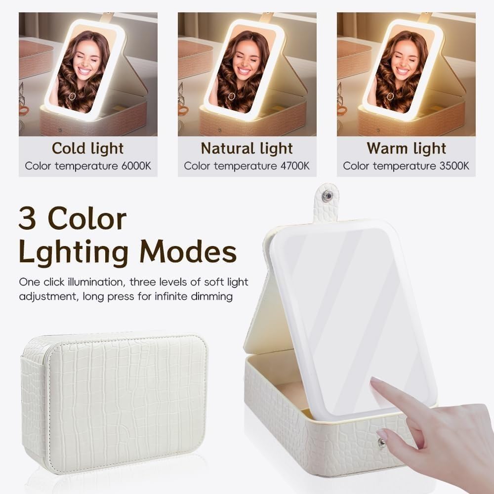Makeup Mirror with Lights and Organizer Box, Rechargeable LED Vanity Mirror with 3 Colour Settings, Portable Tabletop Cosmetic Storage for Home, Desk and Travel (White) - image 3