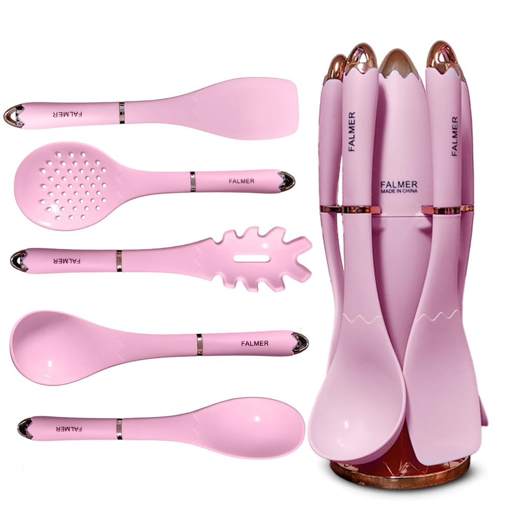 Silicone Kitchen Utensils Set with Spatula, Spoon, Skimmer, Pasta Server and Turner, Food-Grade Dishwasher-Safe Cooking Tools for Mixing, Serving and Nonstick Cookware, Pink - image 1