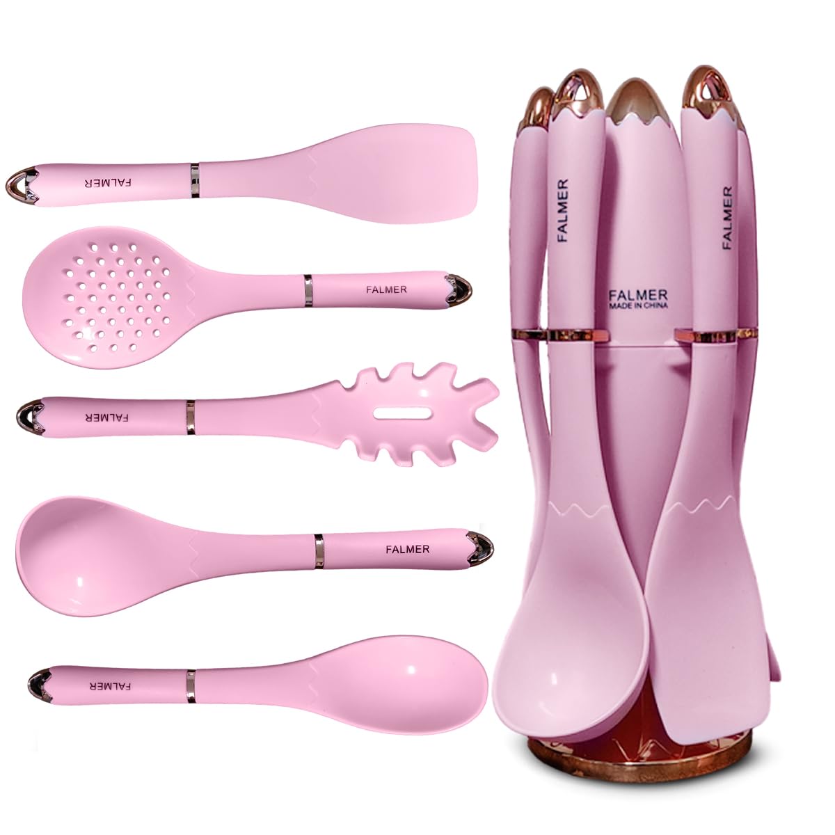 Silicone Kitchen Utensils Set with Spatula, Spoon, Skimmer, Pasta Server and Turner, Food-Grade Dishwasher-Safe Cooking Tools for Mixing, Serving and Nonstick Cookware, Pink - image 1