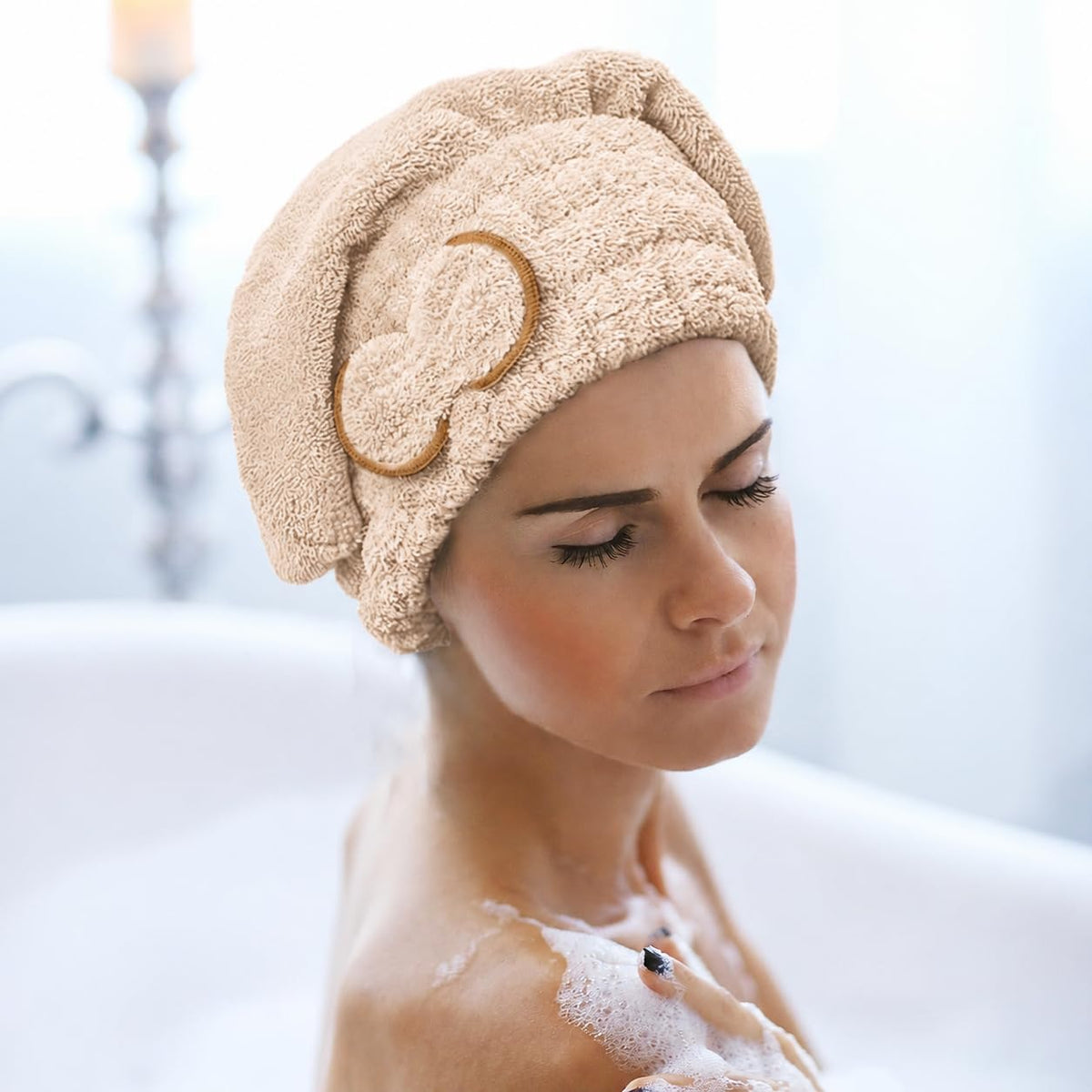 Hair Drying Towel - Microfiber Quick Dry Turban Cap for Wet & Curly Hair, Heat Protection Lightweight Soft Bath Wrap for Women & Girls Salon (Beige) - image 6