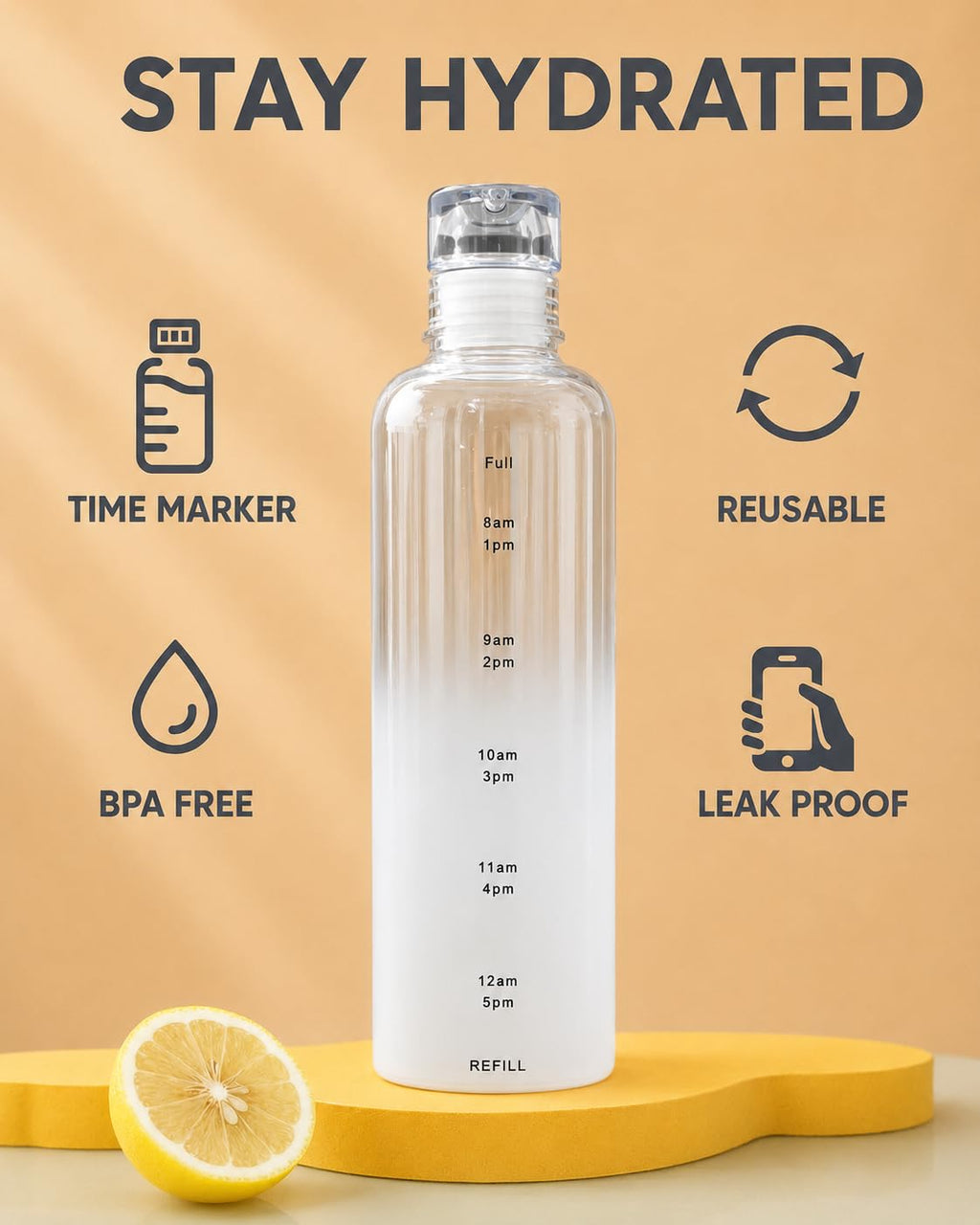 Water Bottle 500 ml with Time Markers, Leak-Proof Lid, BPA Free - Reusable Wide Mouth Sport Flask for Gym, Office & Travel (White) - image 4