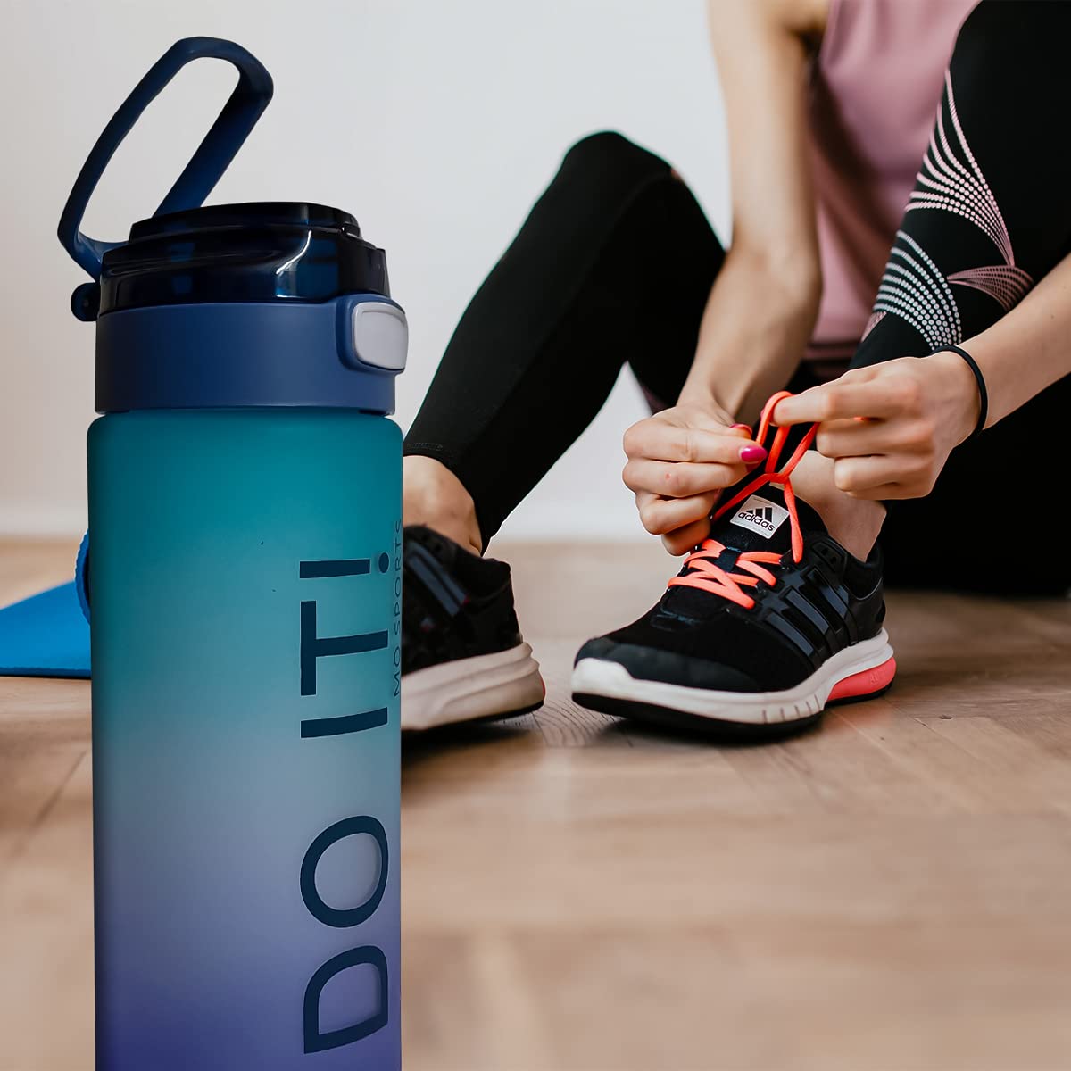 Water Bottle 1 L with Motivational Time Markers, BPA-Free Sports Bottle with Leakproof Flip-Top Lid, Lock and Carry Strap for Gym, School, Office and Travel, Blue - image 6