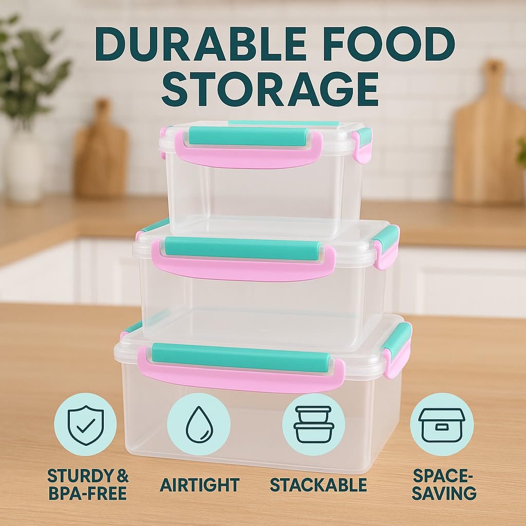 Food Storage Containers Set, 3 Pcs Refrigerator Crisper Box with Airtight Seal, Microwave and Dishwasher Safe, Leak Proof, Easy to Clean, Square Food Grade for Vegetables and Fruit (Pink) - image 2