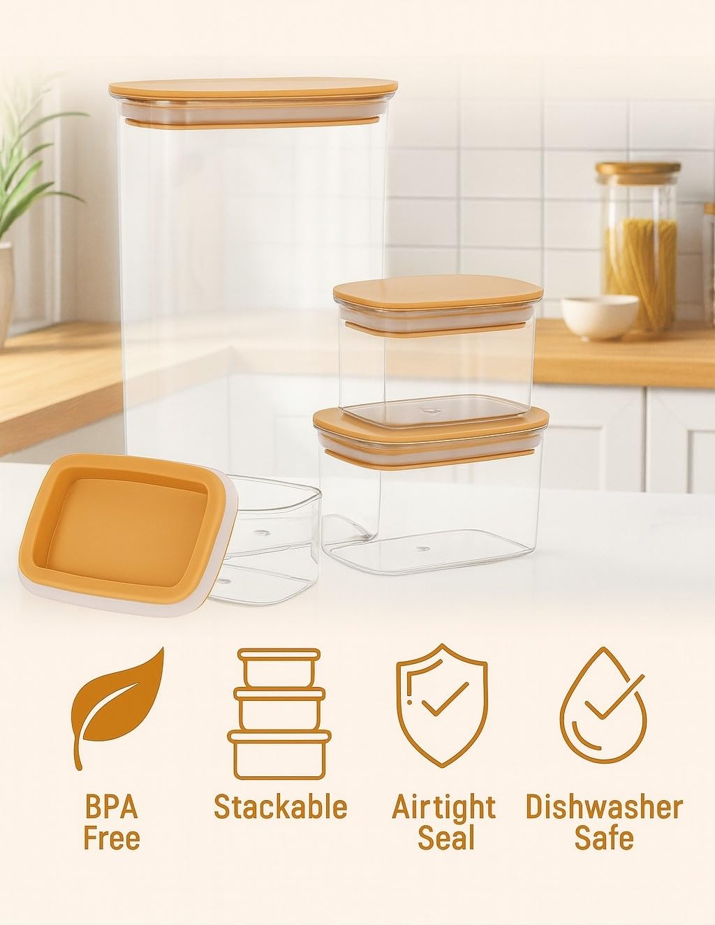 Airtight Food Storage Containers 4 Pcs, Clear Acrylic 1600ml Canister Set with Lids for Cereal, Flour, Sugar, Coffee, Tea, Pasta and Pantry Organization - image 2
