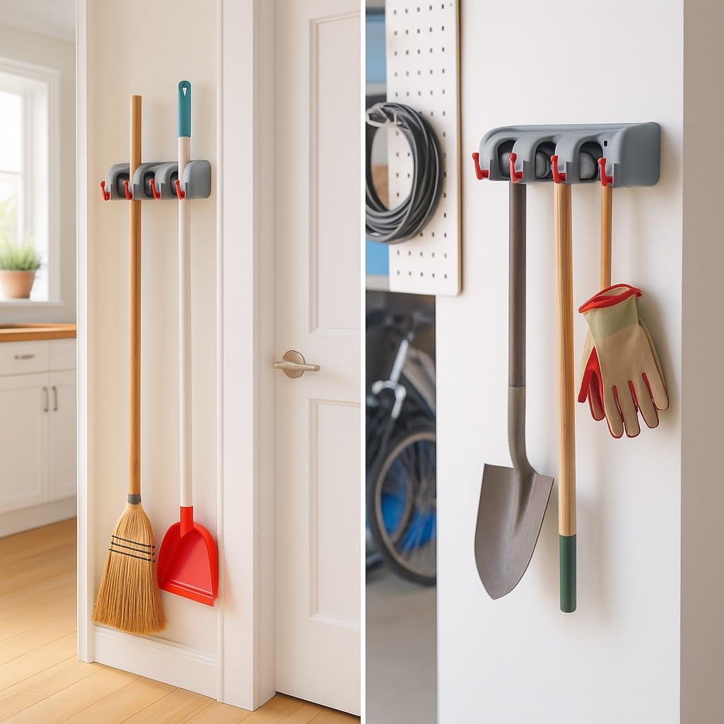 Mop & Broom Holder Wall Mounted Organizer With 4 Hooks & 3 Slots, Space Saving Plastic Cleaning Tools Storage For Brooms, Mops And Household Accessories (Grey, 4 Hooks) - image 5