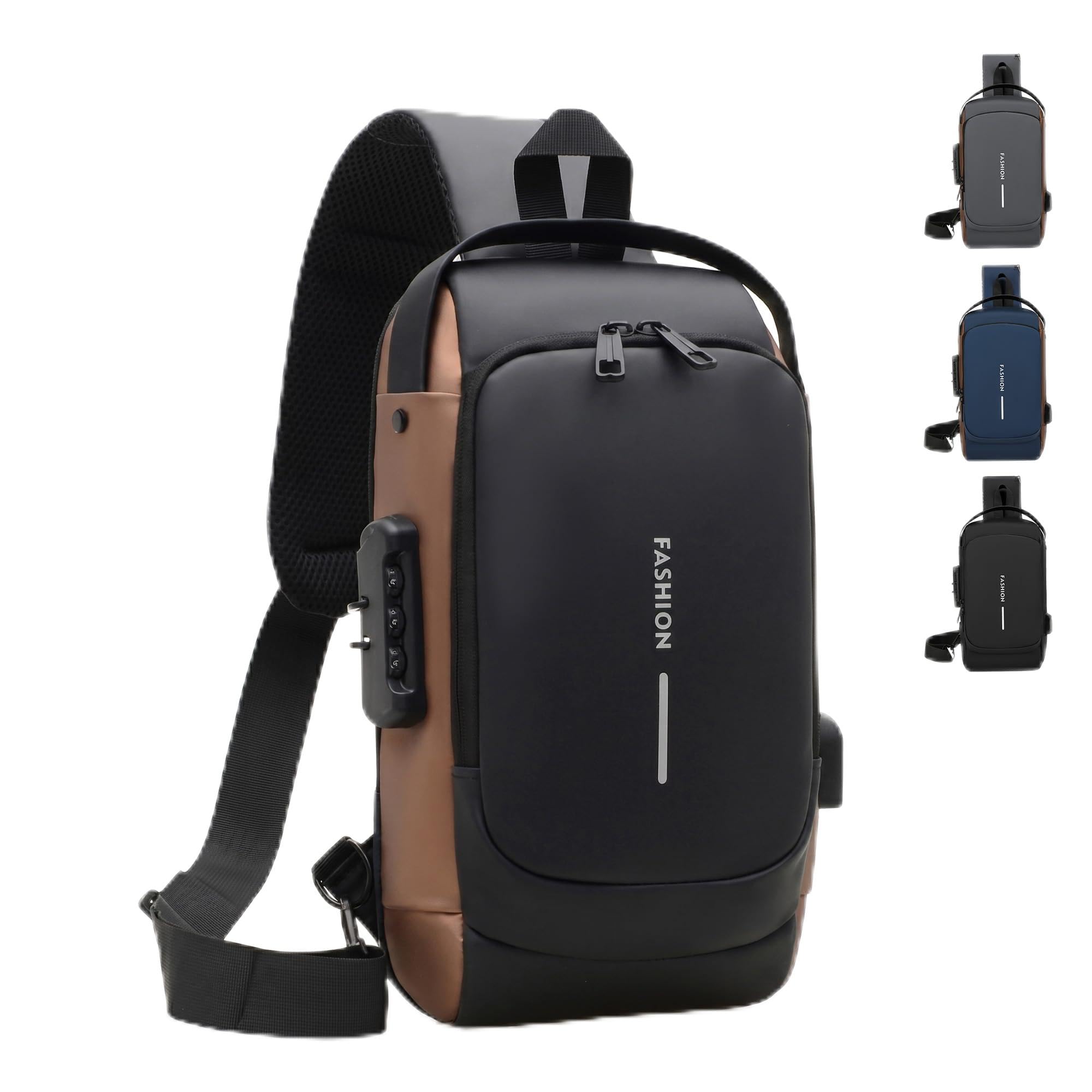 Crossbody Sling Bag for Men and Women, Chest and Shoulder Bag with Combination Lock, USB Access Port, Multiple Pockets and Water-Resistant Exterior (Black & Brown) - image 1