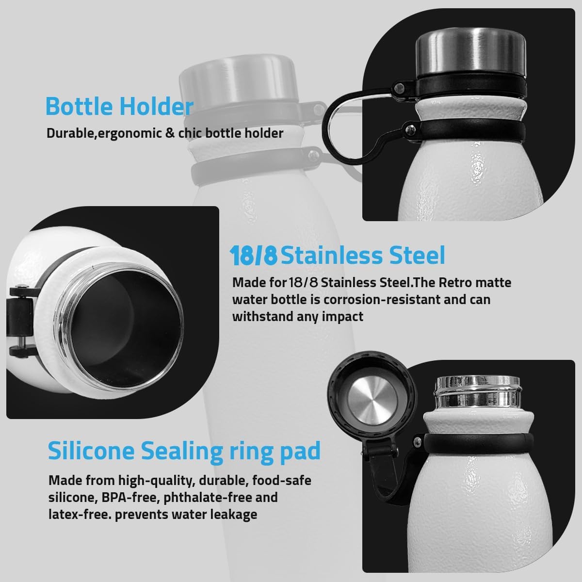 Water Bottle 600ml, Stainless Steel Vacuum Insulated Double Wall Sports Flask, Leakproof BPA-Free Bottle for Hot and Cold Drinks, Travel, Gym and Office, White - image 4