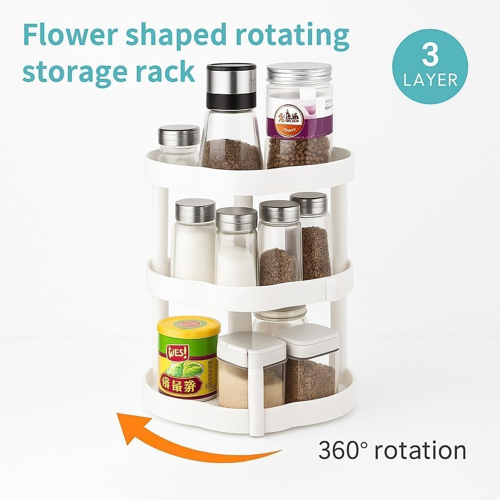 Spice Rack Organizer, 3-Tier 360° Rotating Lazy Susan Turntable, Space-Saving Plastic Storage Holder for Kitchen Countertop, Cabinet, Pantry, Fridge and Bathroom, White - image 4