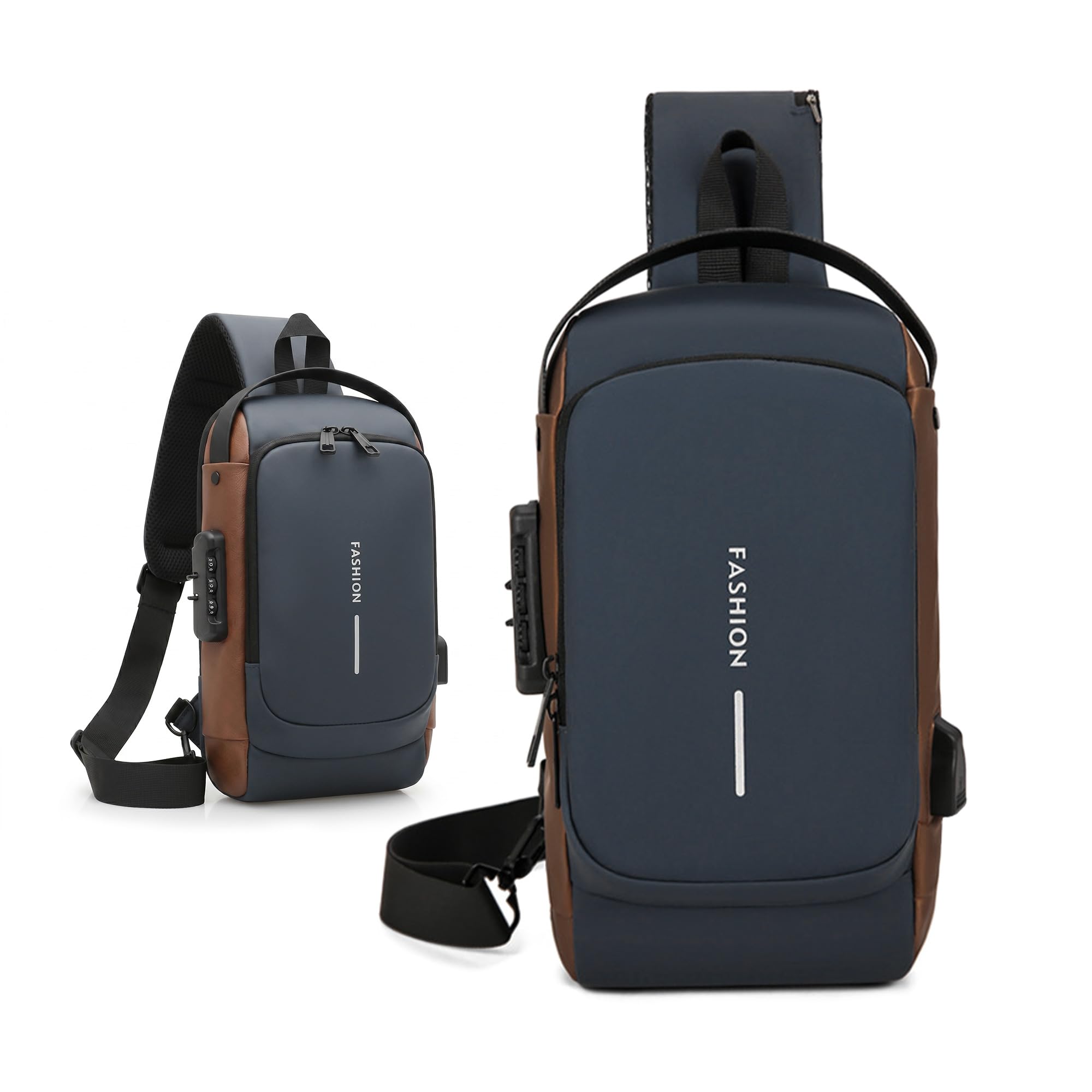 Crossbody Bag for Men and Women, Sling Chest Shoulder Backpack with Combination Lock, USB Access Port, Adjustable Strap, 2 Compartments and Water-Resistant Exterior for Travel (Grey & Brown) - image 1