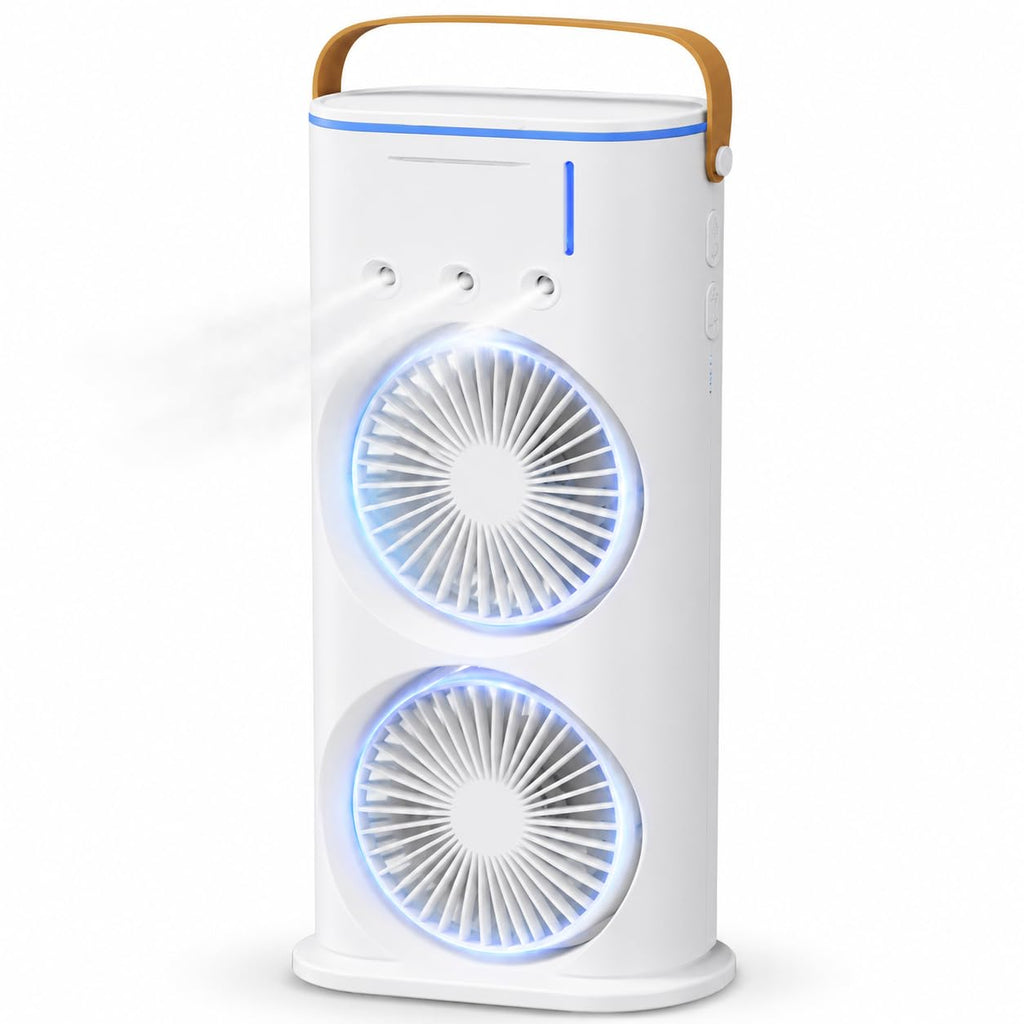 Desk Fan with Mist Spray, Compact Dual-Head Table Cooling Fan with Remote Control, RGB Light and USB Charging for Home, Office, Bedroom and Study, T-559 (White) - image 1