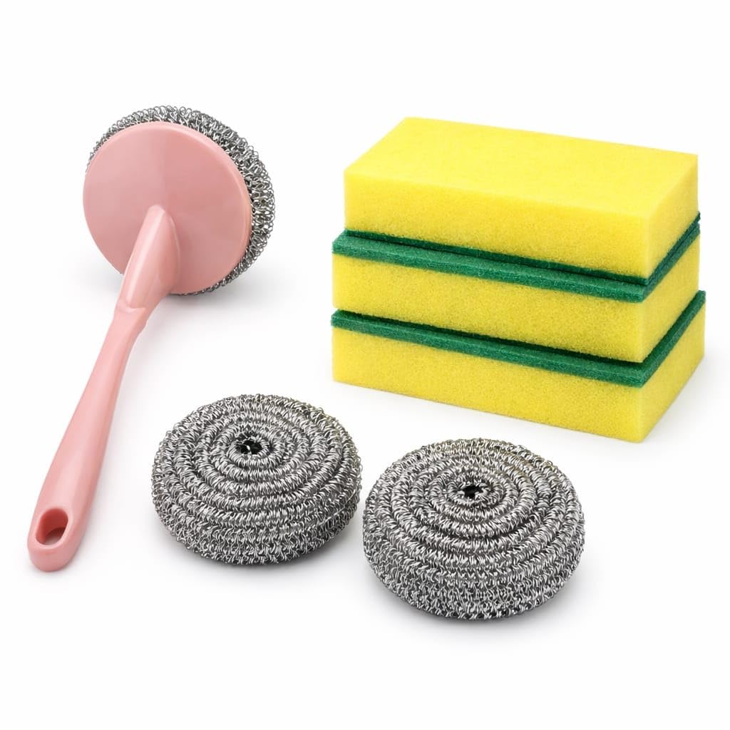 Stainless Steel Scrubber Set, 6-Piece Dishwashing Sponge Pads with Long Removable Handle, Wire Scouring Brush for Pots, Pans, Sinks and Kitchen Cleaning - image 1