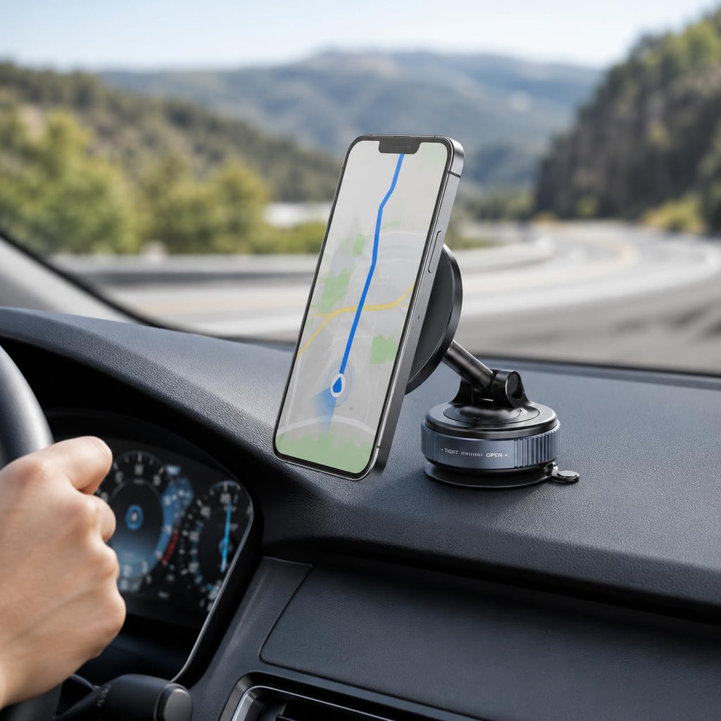Car Phone Holder, Magnetic Vacuum Suction Mount with 360° Rotation and Foldable Arm for Dashboard, Windshield, Desk and Smooth Surfaces, Black, K007 - image 6