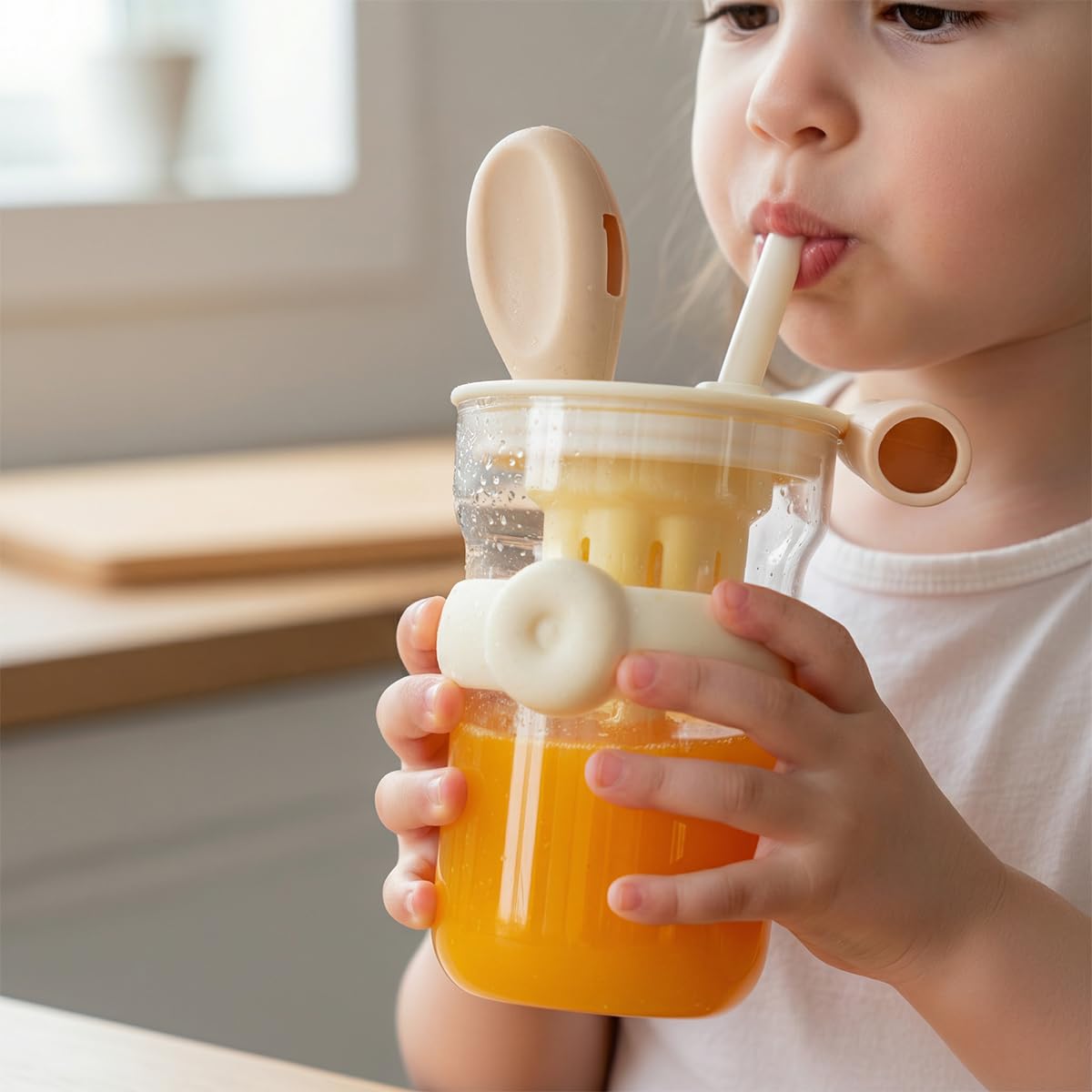 Glass Water Bottle with Straw & Handle 600ml - Strainer Cup, Leak-Proof, BPA-Free, Easy-Grip Lid for Juice, Milk and Tea, Cute Cup Ideal for Outdoor & Indoor, GG-2519 (Creamy, Yellow) - image 6