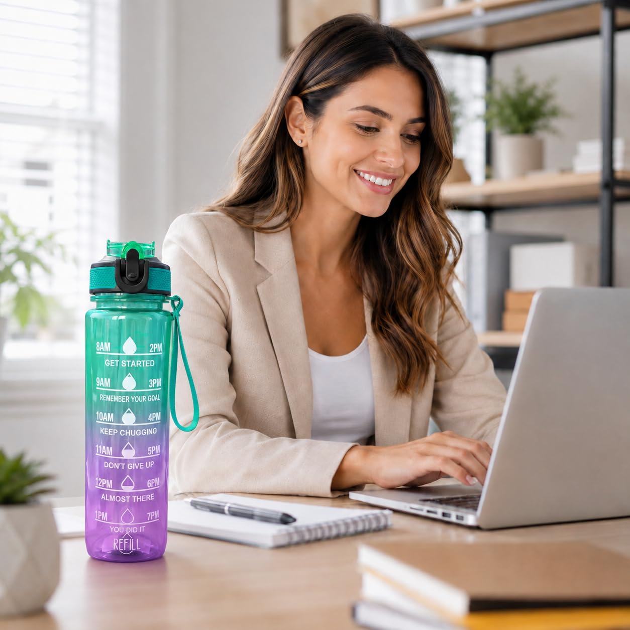 Water Bottle 1 L with Time Markings and Carry Handle, Leak-Resistant Reusable Sports Bottle for Gym, Fitness, Work, School, Travel and Outdoor Use, FL-1263, Green & Purple - image 7